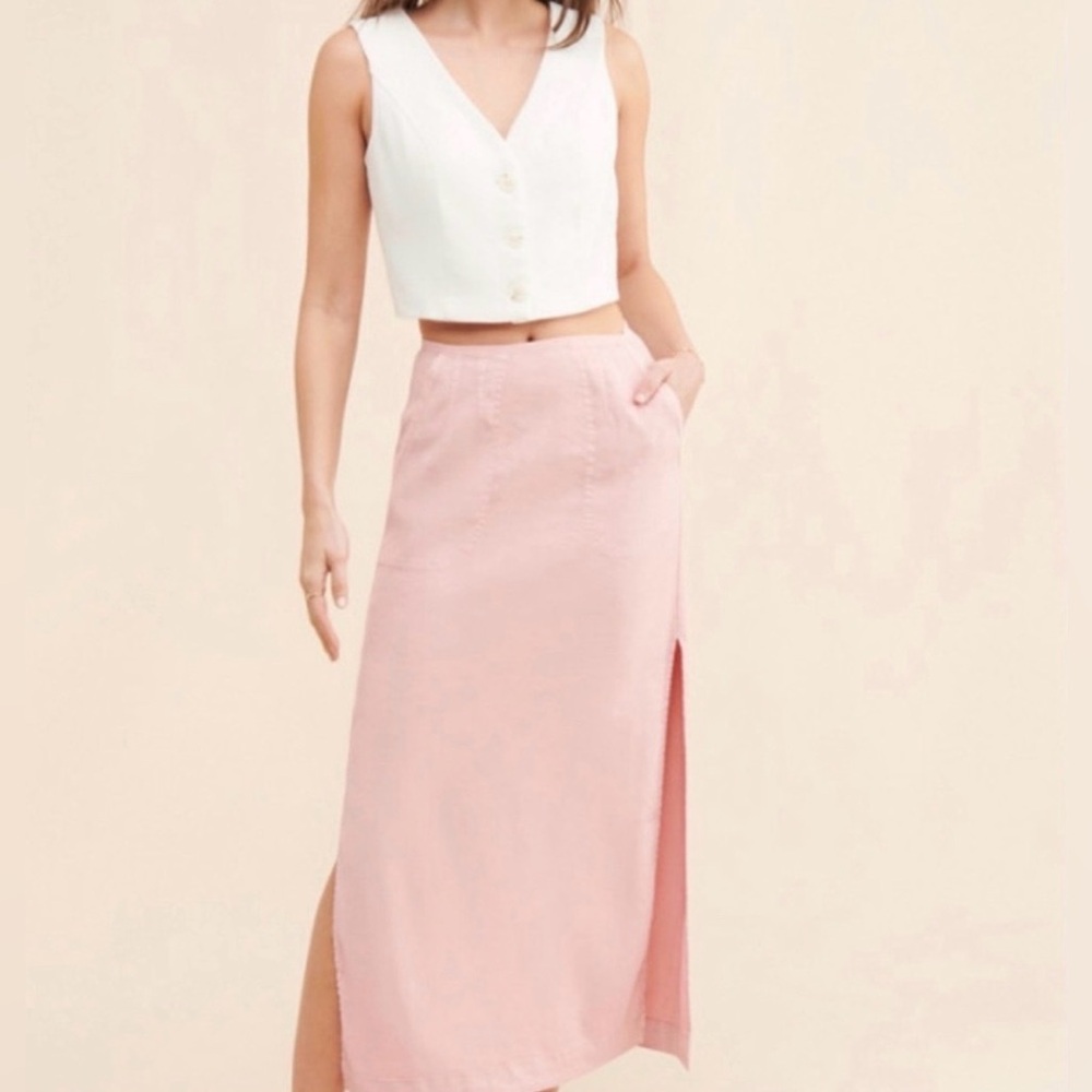 By Anthropologie Linen Side-Slit Midi Skirt dusty rose color